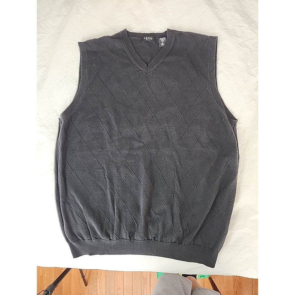 Izod Golf V-Neck Sweater Vest Men's Large Black Knit Pullover Diamond Pattern